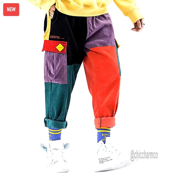 Corduroy Cargo Jogger Pants with Multi-Pockets Adjustable Drawstring Waist